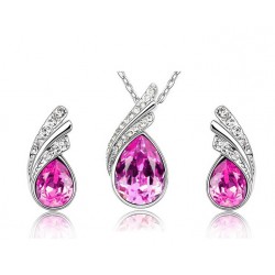 Platinum plated rose pink crystal dew shaped pendant with earrings